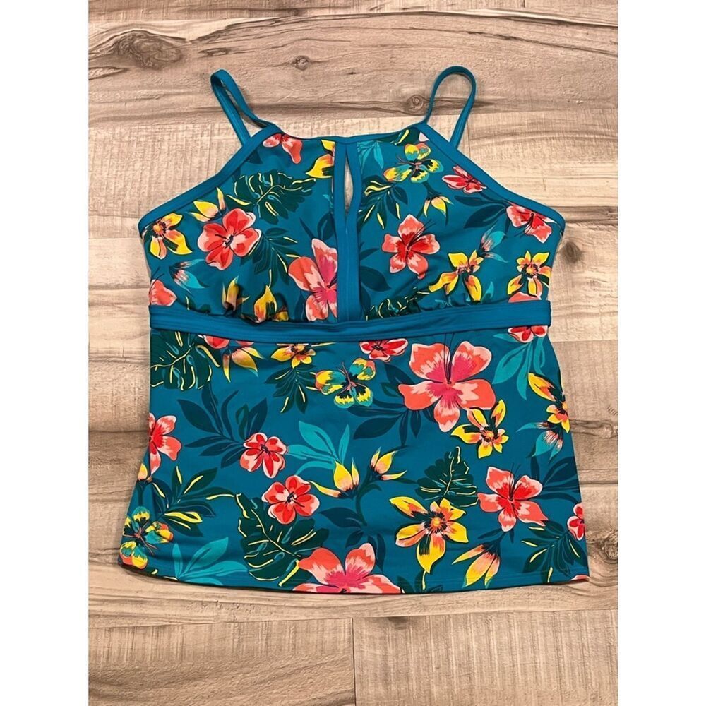 Lands' End Teal Floral Halter Swim Tank Top only size 18